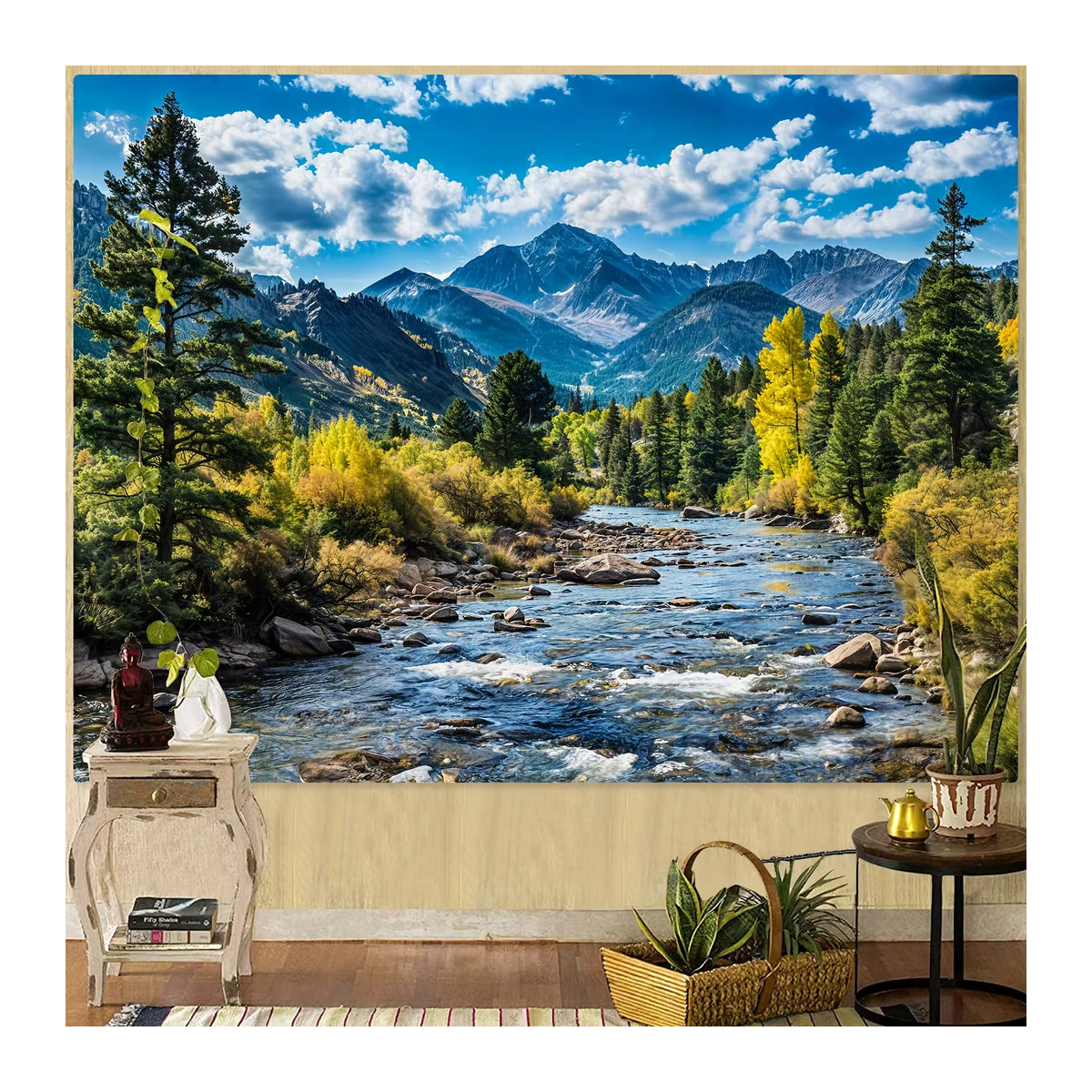 VIKAMA Wandteppich mit Berg- und Herbstwaldlandschaft in Mehrfarbig, Rechteckiger Textil-Wandteppich zur Wanddekoration - Bild 2