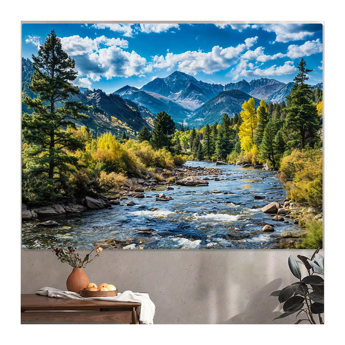 VIKAMA Wandteppich mit Berg- und Herbstwaldlandschaft in Mehrfarbig, Rechteckiger Textil-Wandteppich zur Wanddekoration - Bild 3