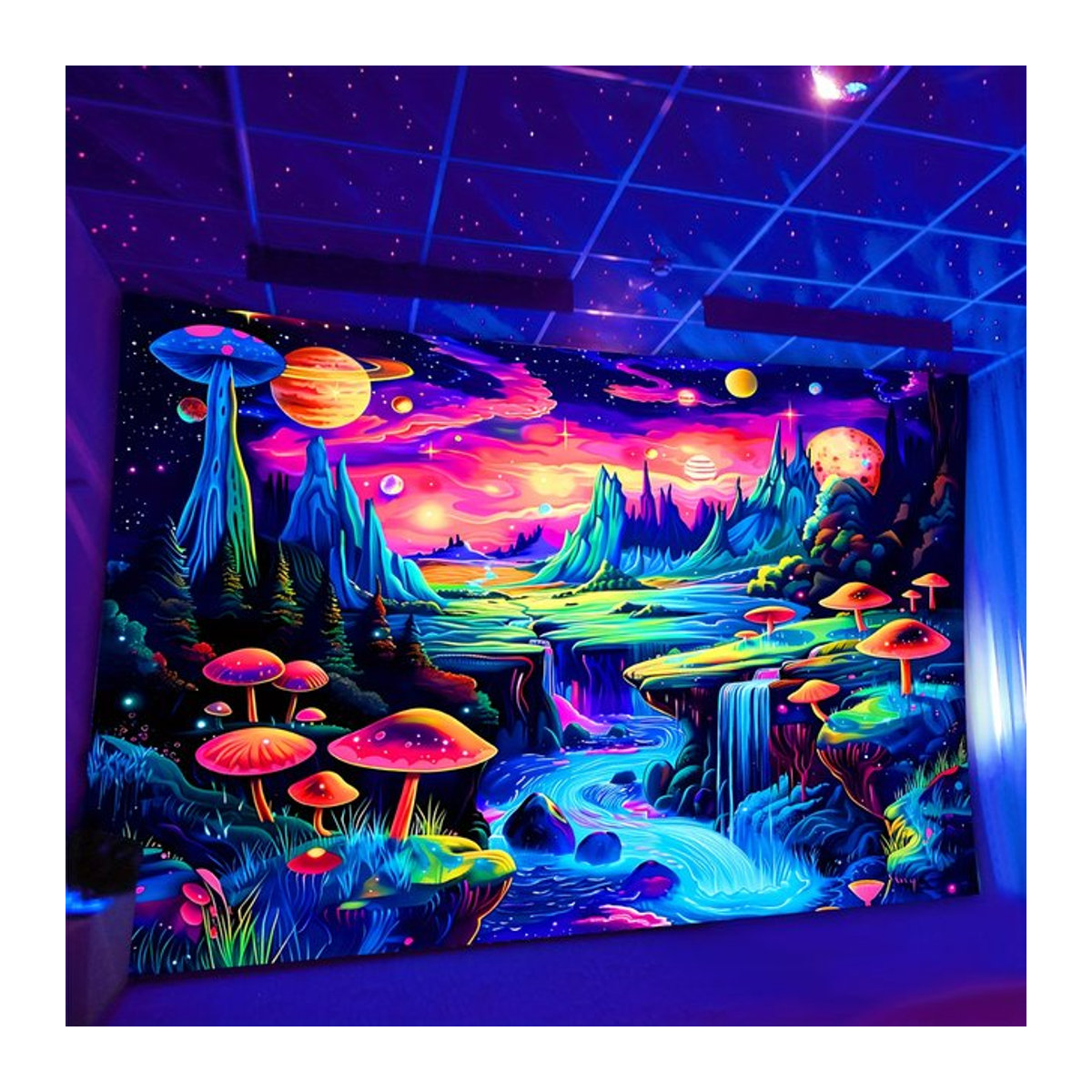 VIKAMA Wandteppich mit buntem Pilz-Landschaftsmotiv in modernem Abstract-Design, mehrfarbig, rechteckig - Bild 1