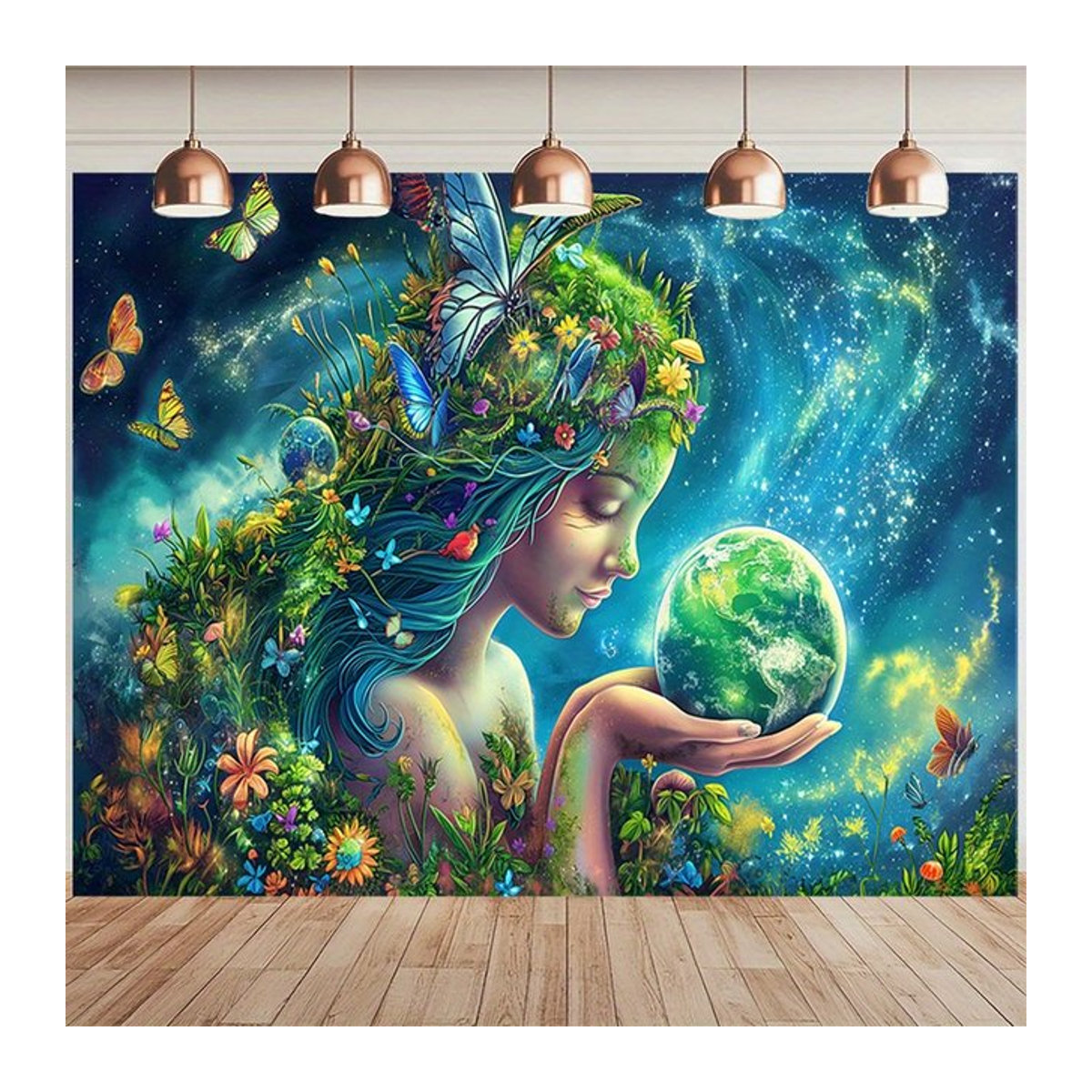 VIKAMA Wandteppich mit Erdgöttinnen-Print in Teal-Grün und Mehrfarbig, Bohemian Wanddekoration für dein Wohnzimmer oder Schlafzimmer - Bild 1