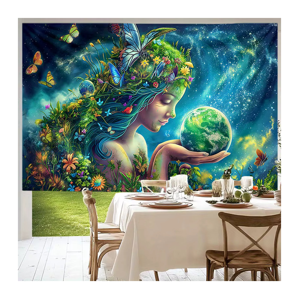 VIKAMA Wandteppich mit Erdgöttinnen-Print in Teal-Grün und Mehrfarbig, Bohemian Wanddekoration für dein Wohnzimmer oder Schlafzimmer - Bild 3
