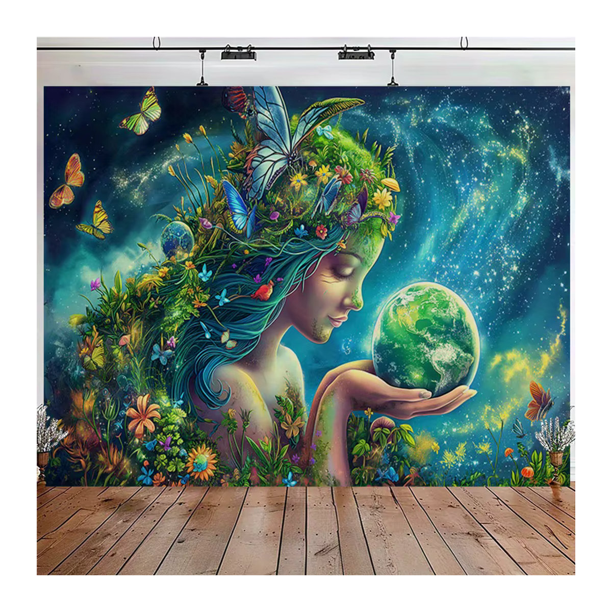 VIKAMA Wandteppich mit Erdgöttinnen-Print in Teal-Grün und Mehrfarbig, Bohemian Wanddekoration für dein Wohnzimmer oder Schlafzimmer - Bild 4