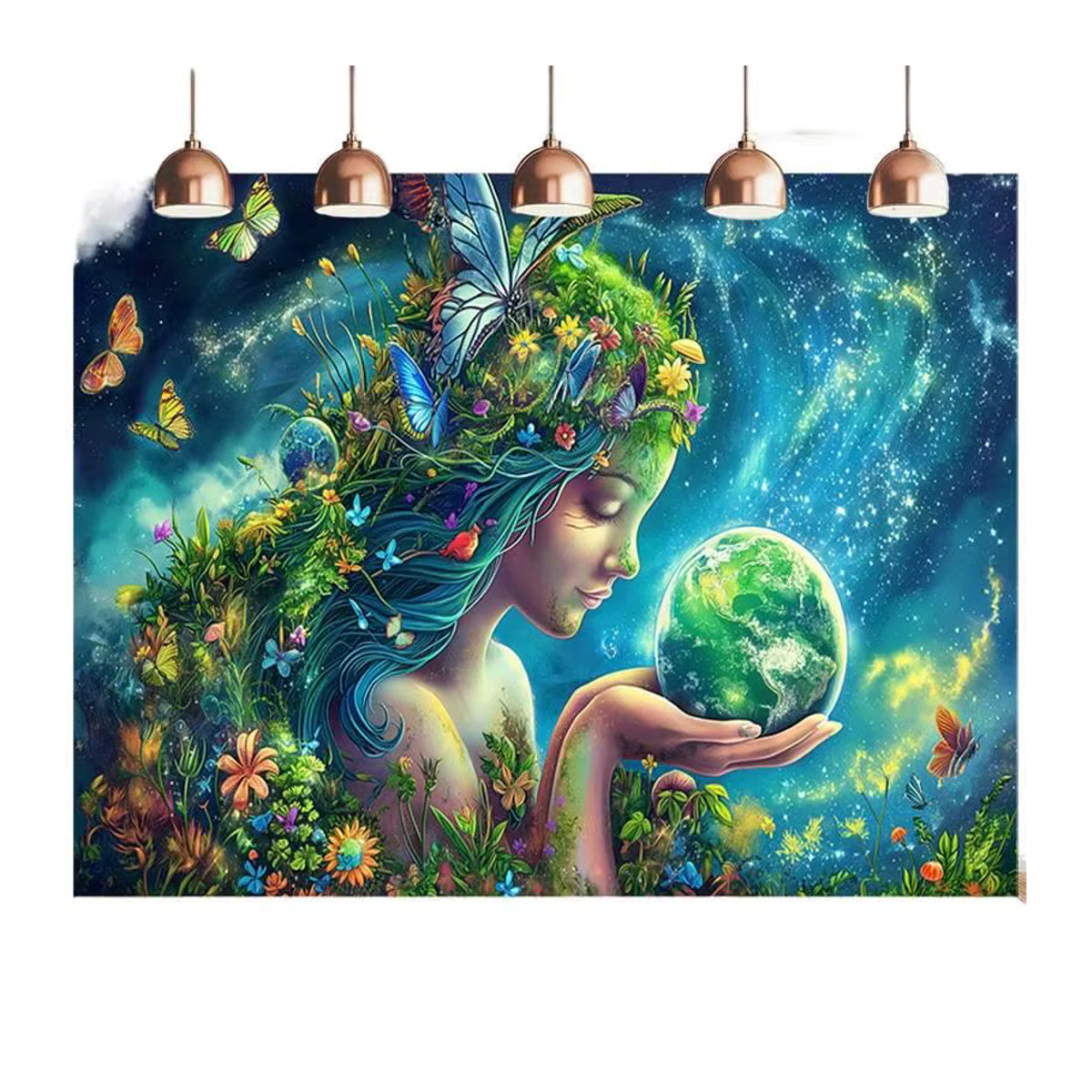 VIKAMA Wandteppich mit Erdgöttinnen-Print in Teal-Grün und Mehrfarbig, Bohemian Wanddekoration für dein Wohnzimmer oder Schlafzimmer - Bild 7