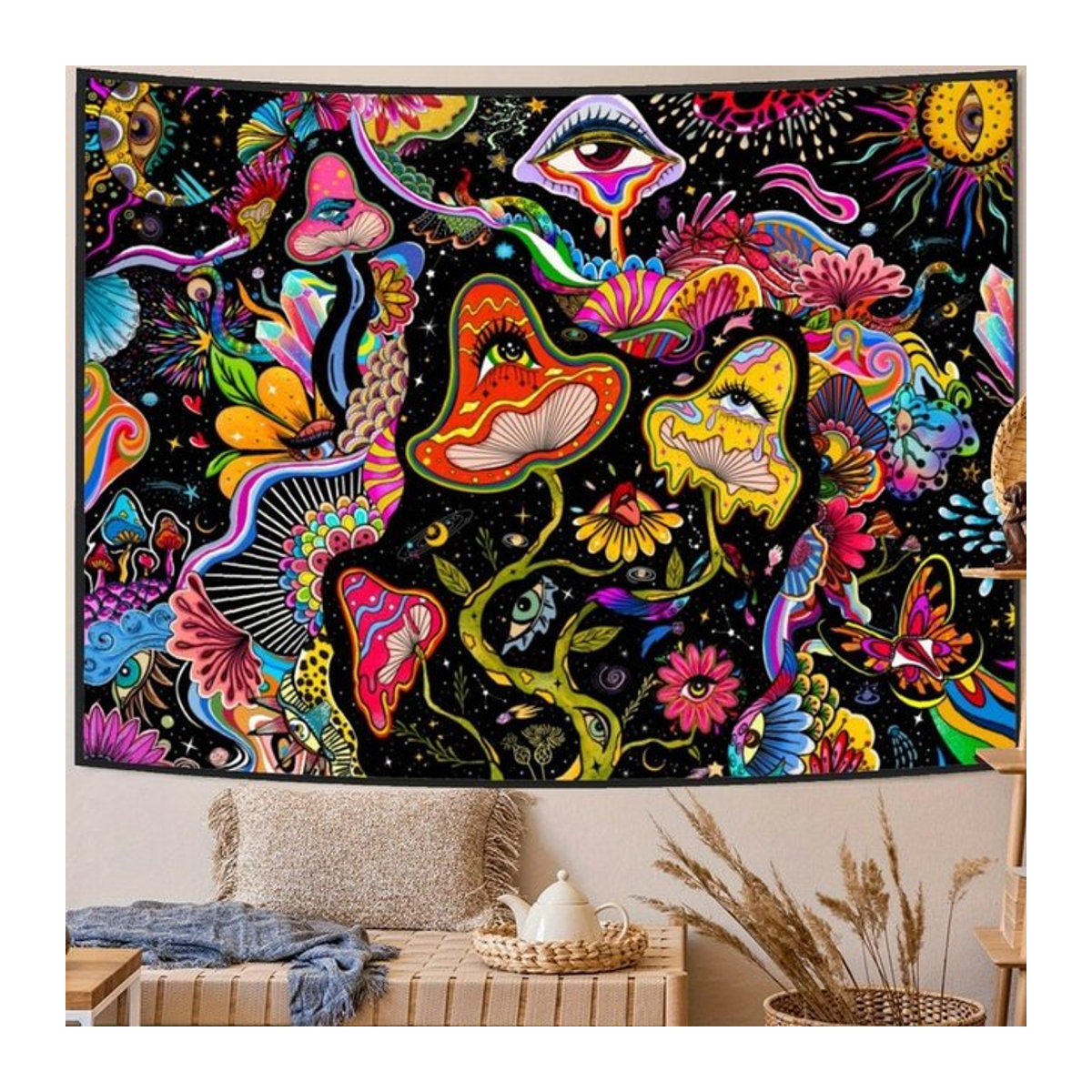VIKAMA Wandteppich mit Fantasy-Magiepilz-Augen Motiv, mehrfarbiger Wandbehang im Bohemian-Stil für dein Wohnzimmer oder Schlafzimmer, B: 60 cm, H: 40 cm - Bild 1