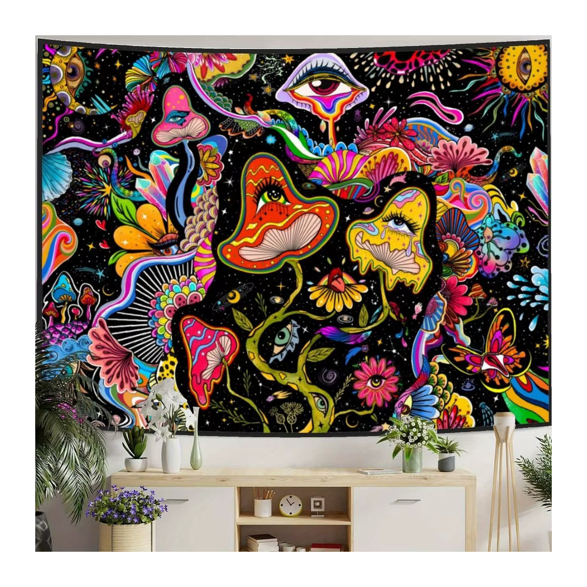 VIKAMA Wandteppich mit Fantasy-Magiepilz-Augen Motiv, mehrfarbiger Wandbehang im Bohemian-Stil für dein Wohnzimmer oder Schlafzimmer, B: 60 cm, H: 40 cm - Bild 2