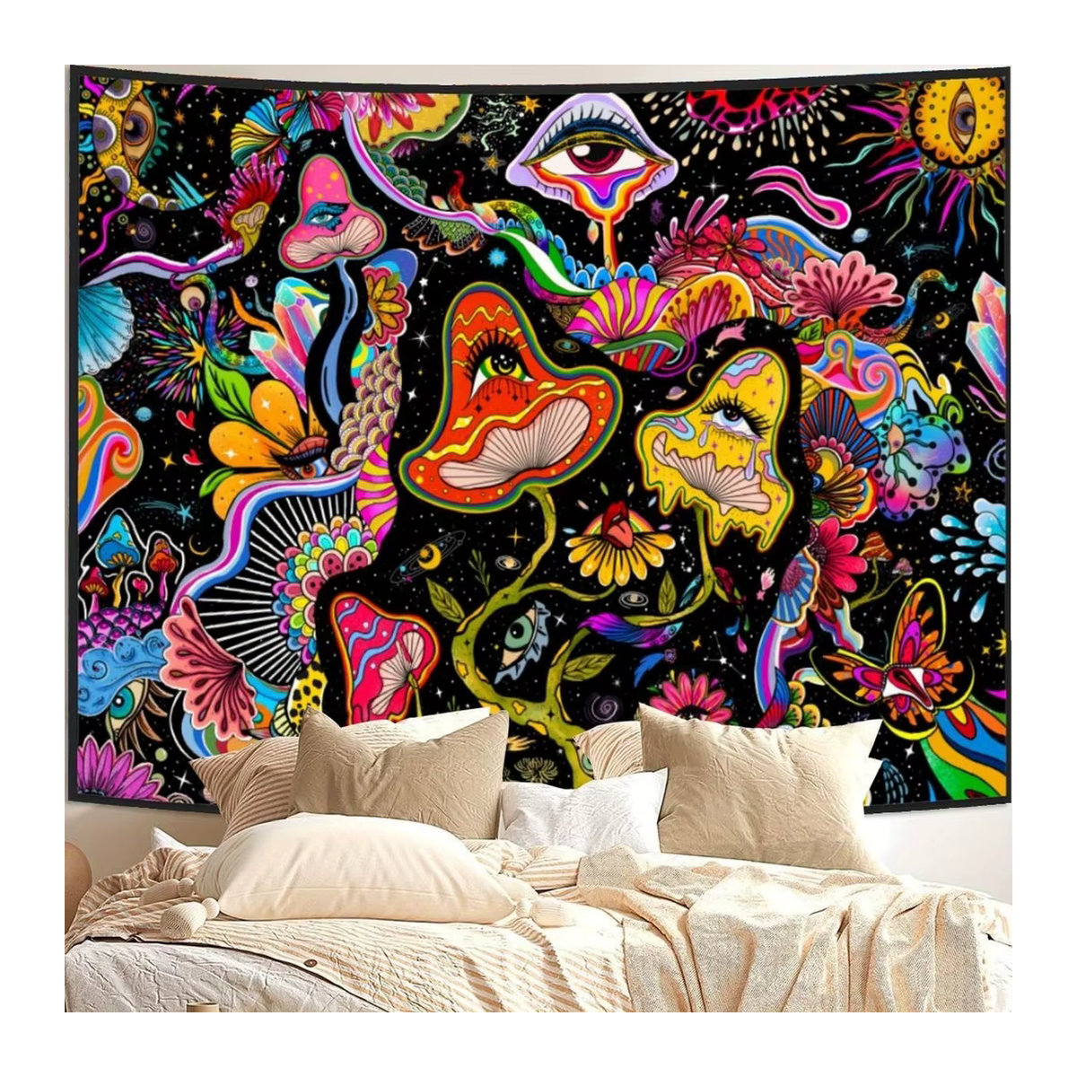 VIKAMA Wandteppich mit Fantasy-Magiepilz-Augen Motiv, mehrfarbiger Wandbehang im Bohemian-Stil für dein Wohnzimmer oder Schlafzimmer, B: 60 cm, H: 40 cm - Bild 3