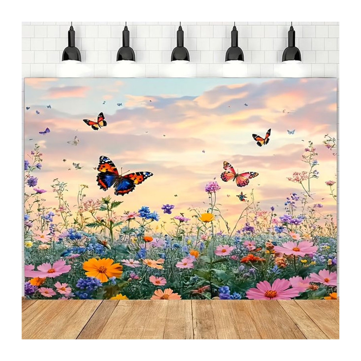 VIKAMA Wandteppich mit floralem Design, Schmetterlinge und Blumen in Rosa und Lila, Textil Wanddeko, B x H: 60 x 40 cm - Bild 1