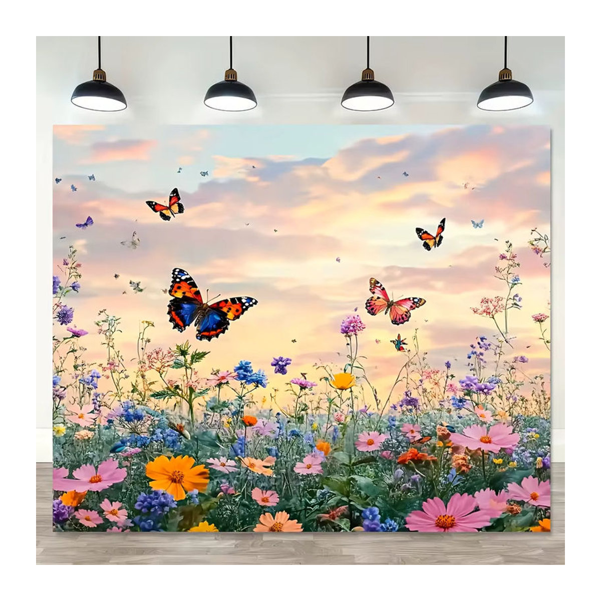 VIKAMA Wandteppich mit floralem Design, Schmetterlinge und Blumen in Rosa und Lila, Textil Wanddeko, B x H: 60 x 40 cm - Bild 3