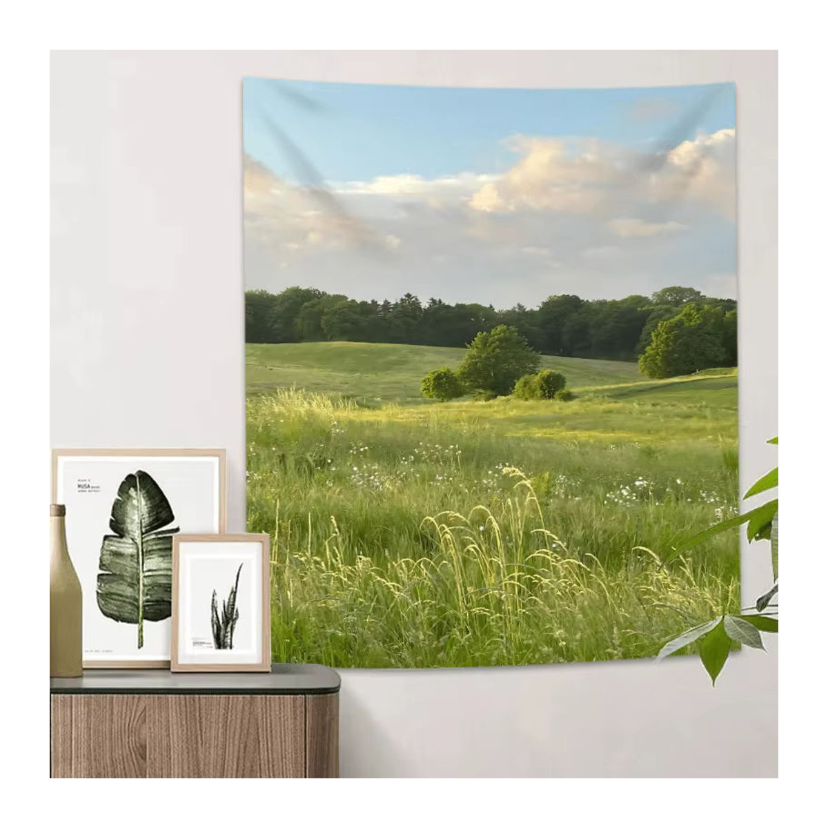 VIKAMA Wandteppich mit floraler Landschaft in Grün und Weiß, rechteckiger Textildruck zur Dekoration - Bild 1