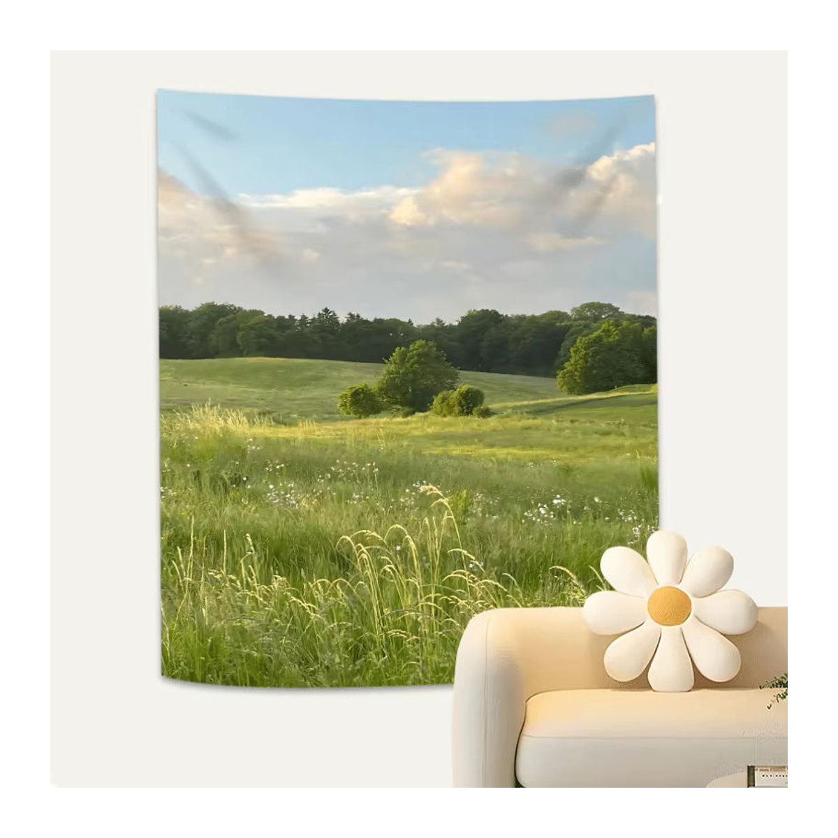 VIKAMA Wandteppich mit floraler Landschaft in Grün und Weiß, rechteckiger Textildruck zur Dekoration - Bild 2