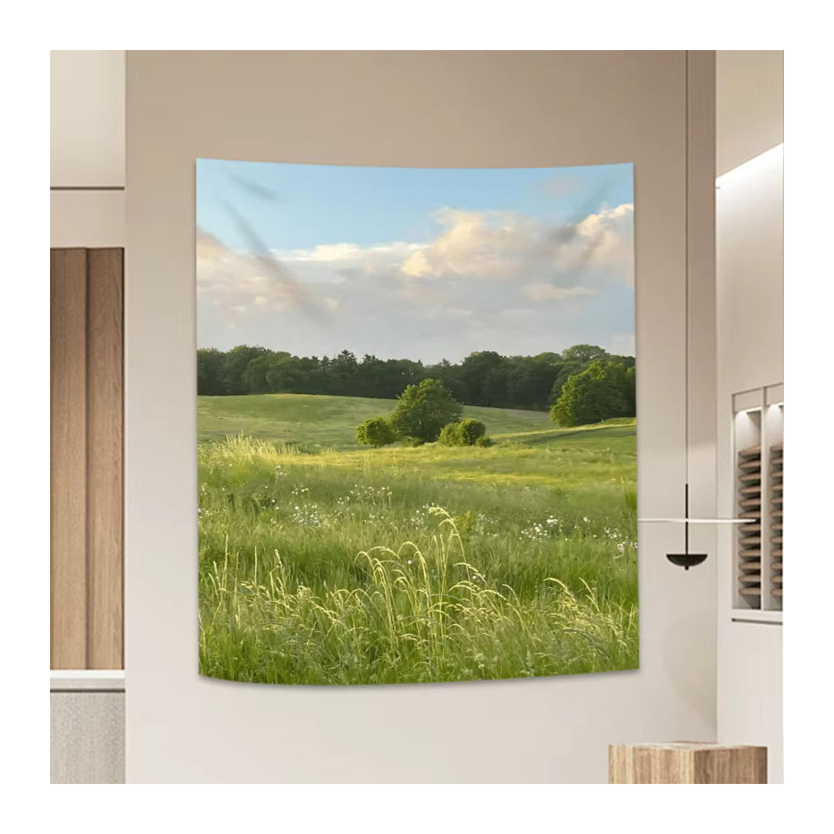 VIKAMA Wandteppich mit floraler Landschaft in Grün und Weiß, rechteckiger Textildruck zur Dekoration - Bild 3