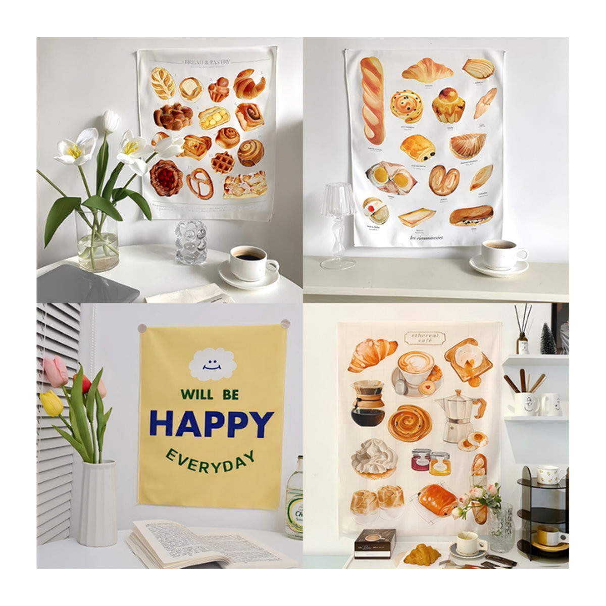 VIKAMA Wandteppich mit handbemaltem Brot-Muster in Weiß, Vintage Design für Küche und Café, B/H: 60 x 40 cm - Bild 1