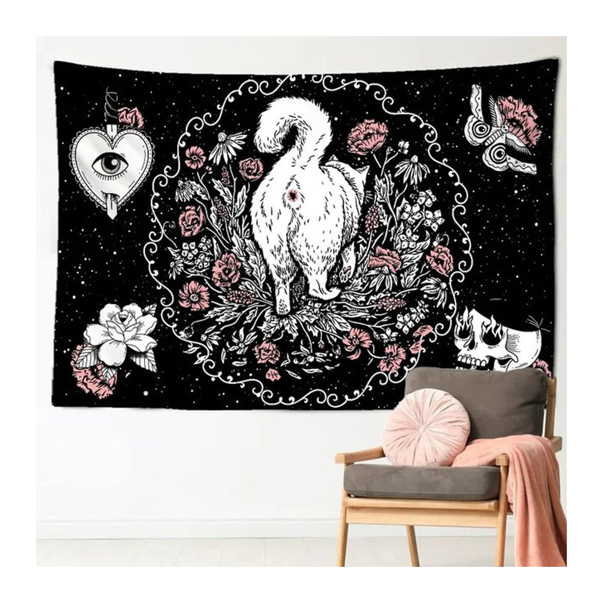 VIKAMA Wandteppich mit Katzenmotiv und mystischem Design in Schwarz, B/H: 150 x 100 cm - Bild 1