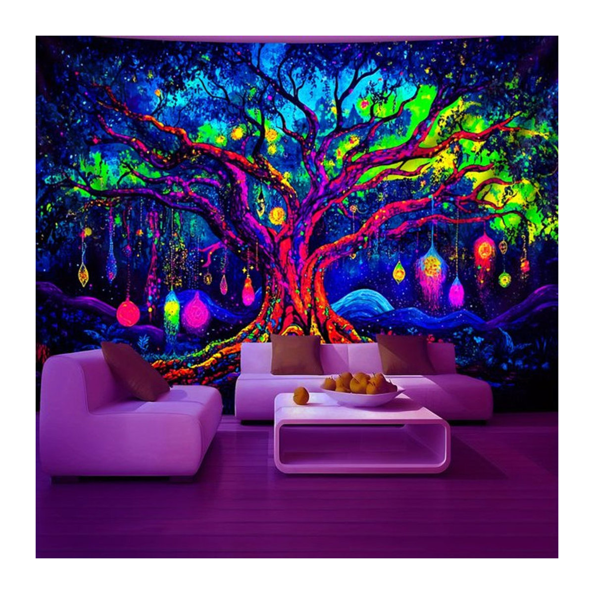 VIKAMA Wandteppich mit leuchtendem Baum und Sternen in Rot und Mehrfarbig, Rechteckige Wanddekoration im Bohemian Stil, B/H: 60 x 40 cm - Bild 1