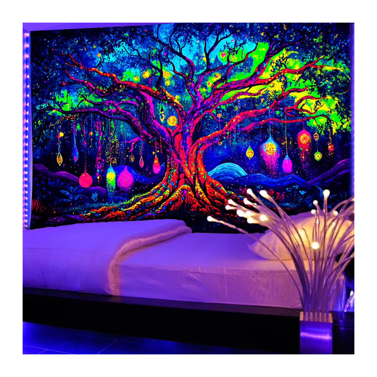 VIKAMA Wandteppich mit leuchtendem Baum und Sternen in Rot und Mehrfarbig, Rechteckige Wanddekoration im Bohemian Stil, B/H: 60 x 40 cm - Bild 2
