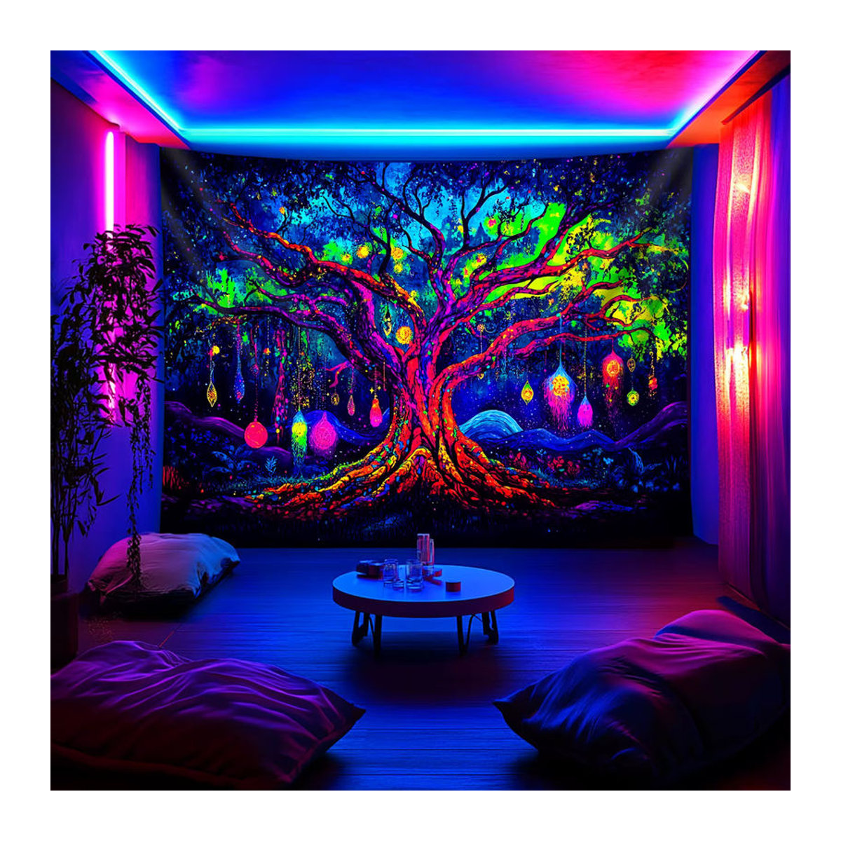 VIKAMA Wandteppich mit leuchtendem Baum und Sternen in Rot und Mehrfarbig, Rechteckige Wanddekoration im Bohemian Stil, B/H: 60 x 40 cm - Bild 3