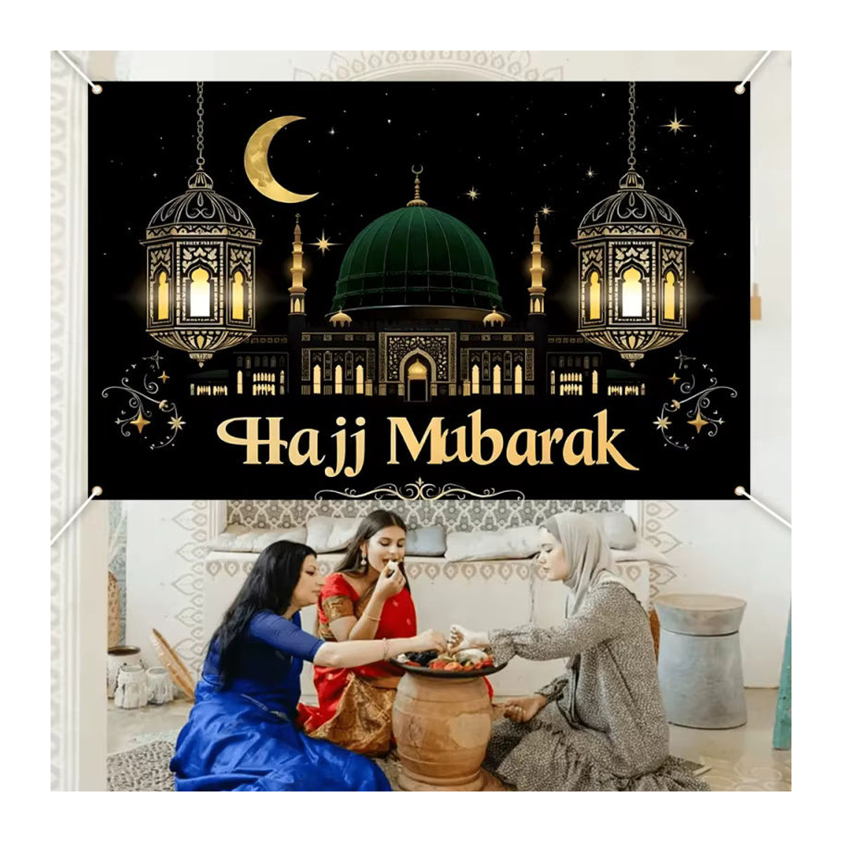 VIKAMA Wandteppich mit Moschee- und Laternen-Motiv in Schwarz-Gold, Orientalische Textil-Dekoration mit Sternenhimmel für dein Wohnzimmer - Bild 2