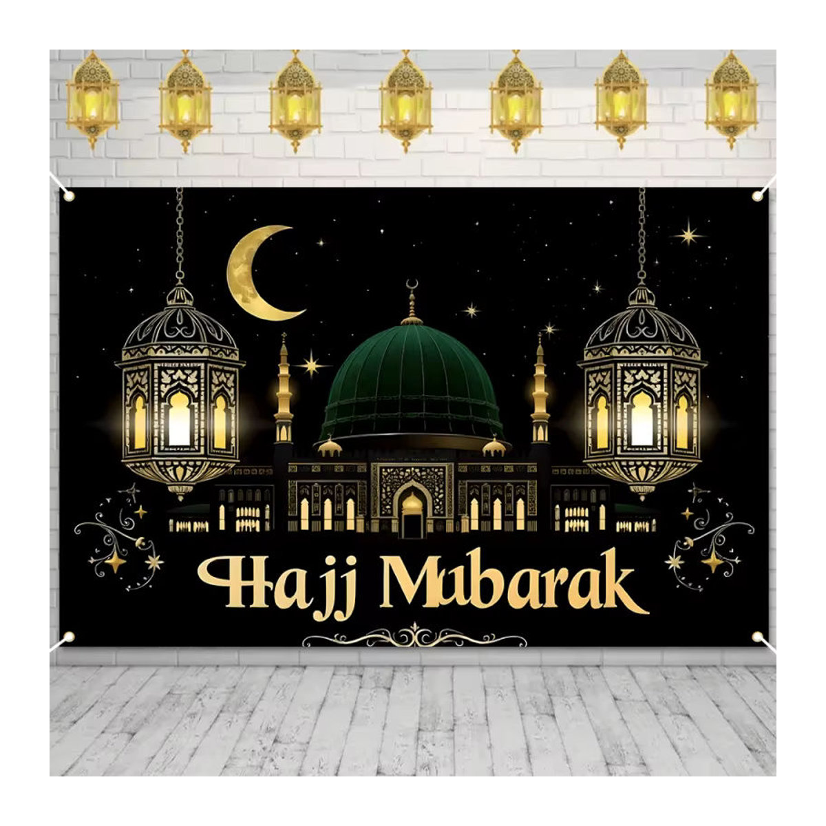 VIKAMA Wandteppich mit Moschee- und Laternen-Motiv in Schwarz-Gold, Orientalische Textil-Dekoration mit Sternenhimmel für dein Wohnzimmer - Bild 3