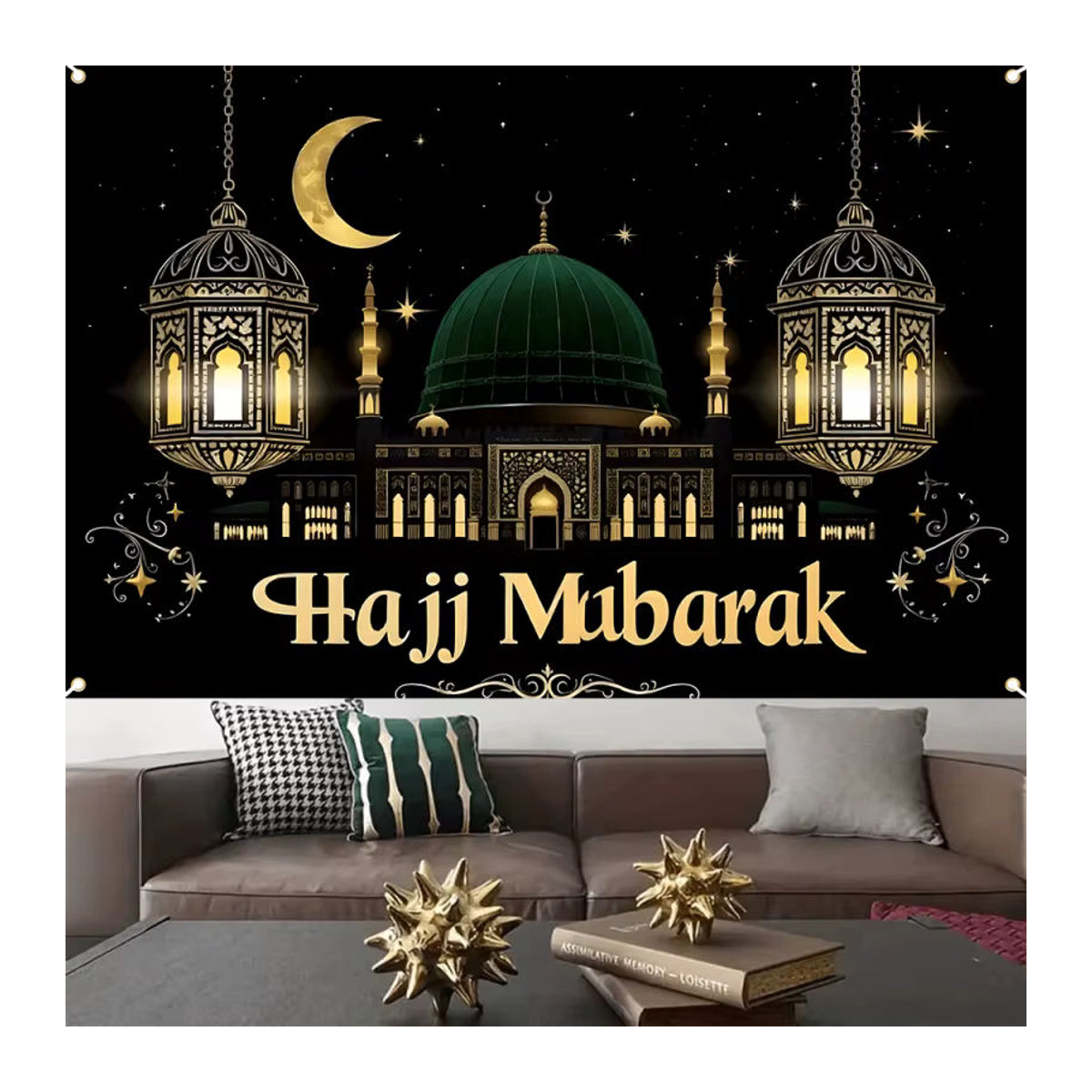 VIKAMA Wandteppich mit Moschee- und Laternen-Motiv in Schwarz-Gold, Orientalische Textil-Dekoration mit Sternenhimmel für dein Wohnzimmer - Bild 4