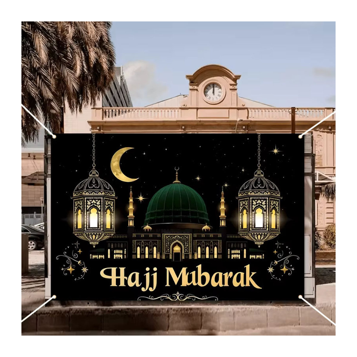 VIKAMA Wandteppich mit Moschee- und Laternen-Motiv in Schwarz-Gold, Orientalische Textil-Dekoration mit Sternenhimmel für dein Wohnzimmer - Bild 5