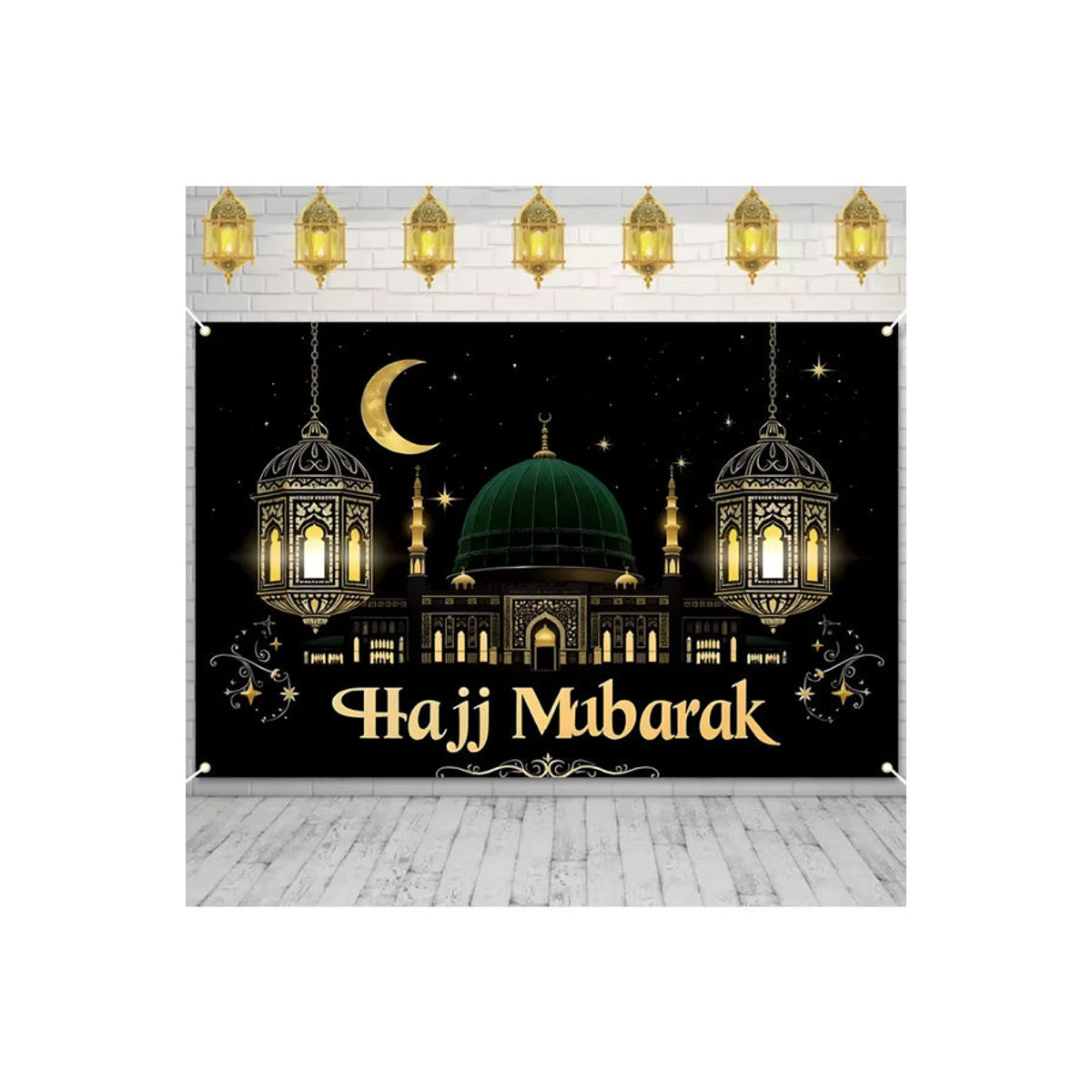 VIKAMA Wandteppich mit Moschee- und Laternen-Motiv in Schwarz-Gold, Orientalische Textil-Dekoration mit Sternenhimmel für dein Wohnzimmer - Bild 6