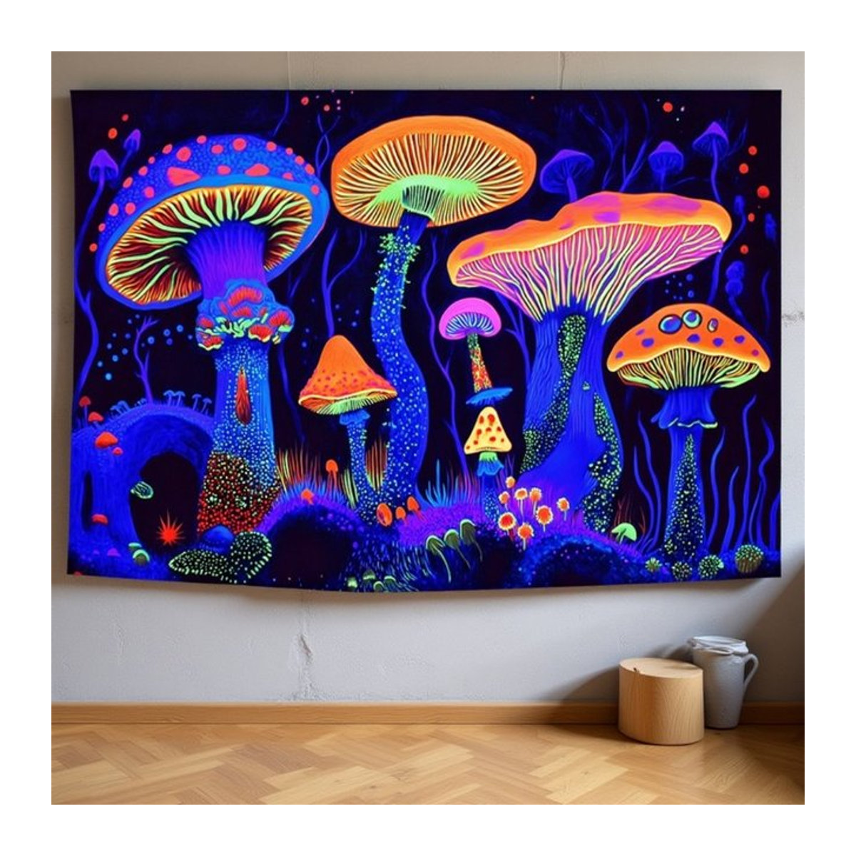 VIKAMA Wandteppich mit mystischen Waldpilzen, psychedelischer Fantasy-Wandbehang in Mehrfarbig, Bohemian Textil-Wanddeko, B/H: 40 x 60 cm - Bild 1