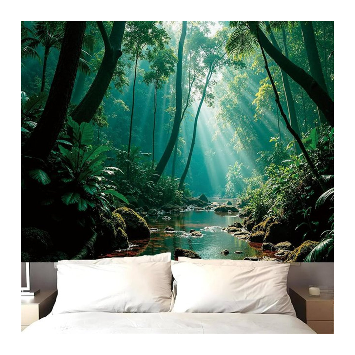 VIKAMA Wandteppich mit Nebelwald-Sonnenlicht-Muster in Grün, Ästhetische Wanddekoration für dein Schlafzimmer - Bild 1