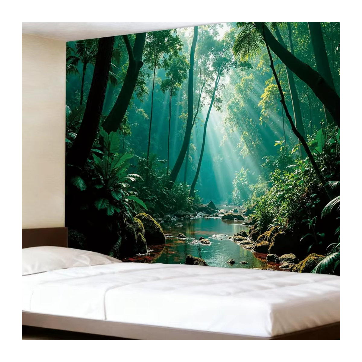 VIKAMA Wandteppich mit Nebelwald-Sonnenlicht-Muster in Grün, Ästhetische Wanddekoration für dein Schlafzimmer - Bild 2
