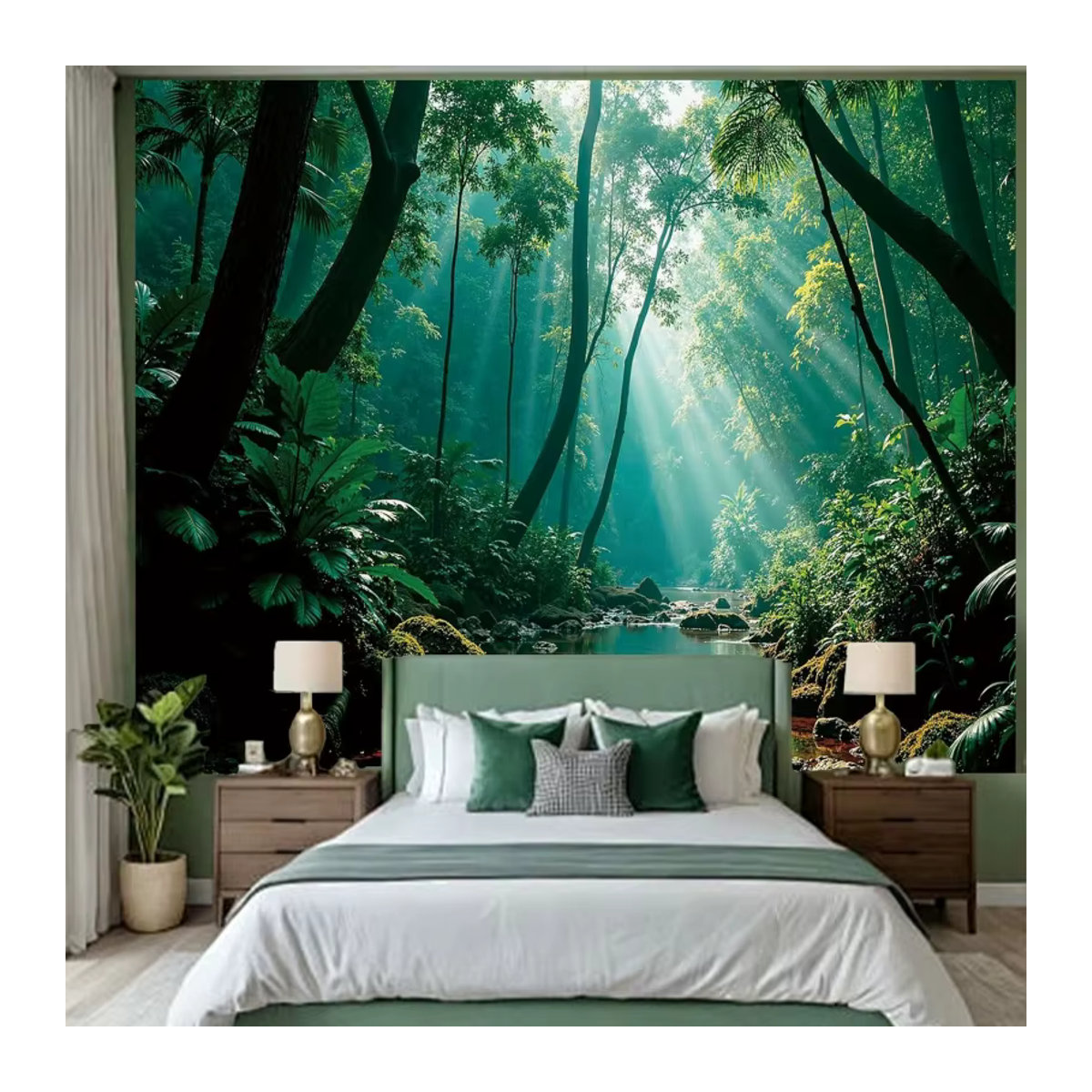 VIKAMA Wandteppich mit Nebelwald-Sonnenlicht-Muster in Grün, Ästhetische Wanddekoration für dein Schlafzimmer - Bild 3