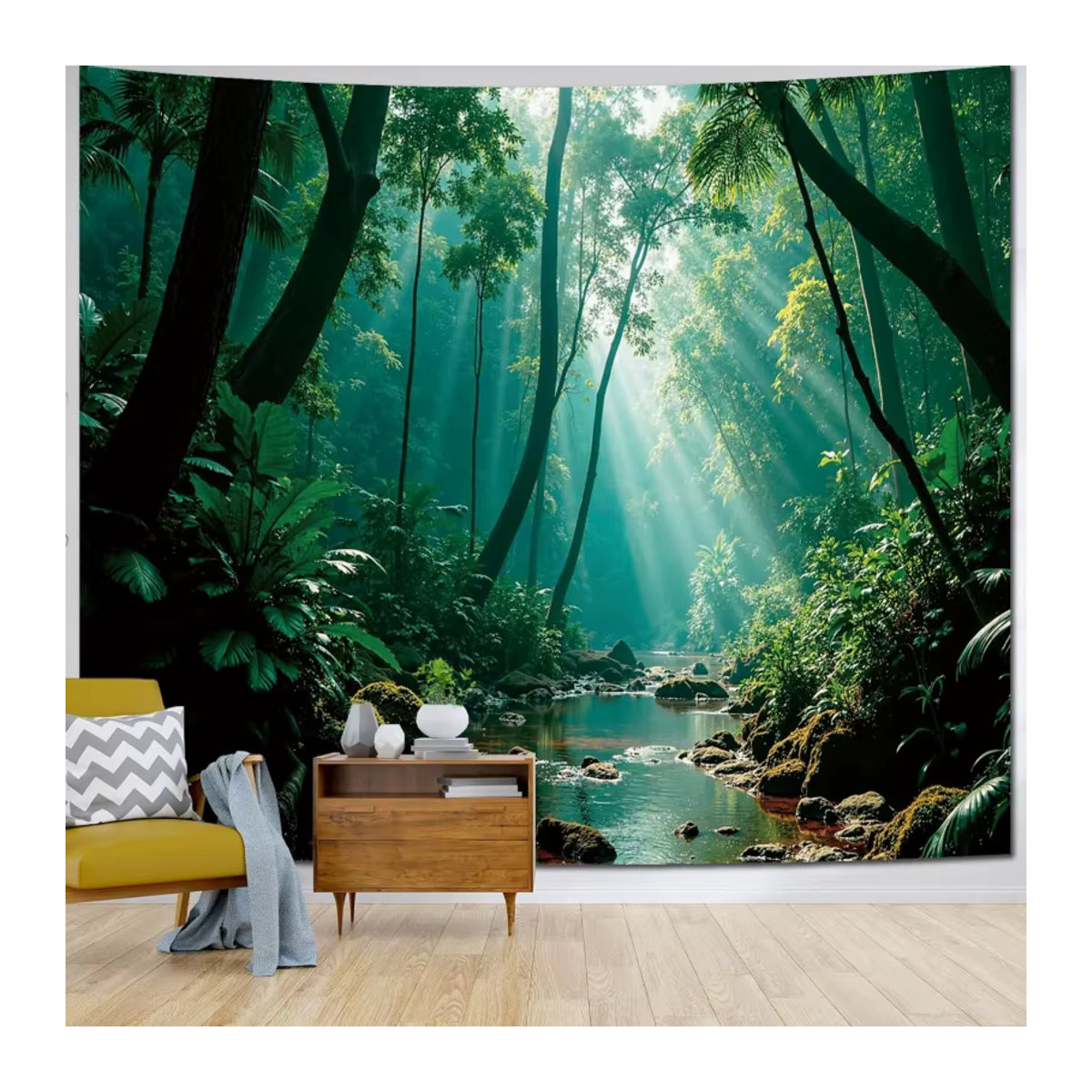 VIKAMA Wandteppich mit Nebelwald-Sonnenlicht-Muster in Grün, Ästhetische Wanddekoration für dein Schlafzimmer - Bild 4