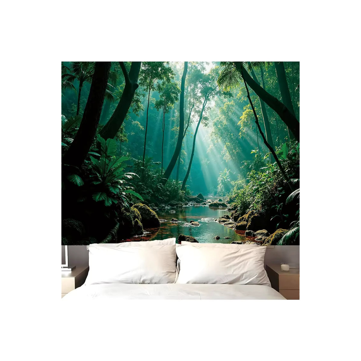 VIKAMA Wandteppich mit Nebelwald-Sonnenlicht-Muster in Grün, Ästhetische Wanddekoration für dein Schlafzimmer - Bild 7