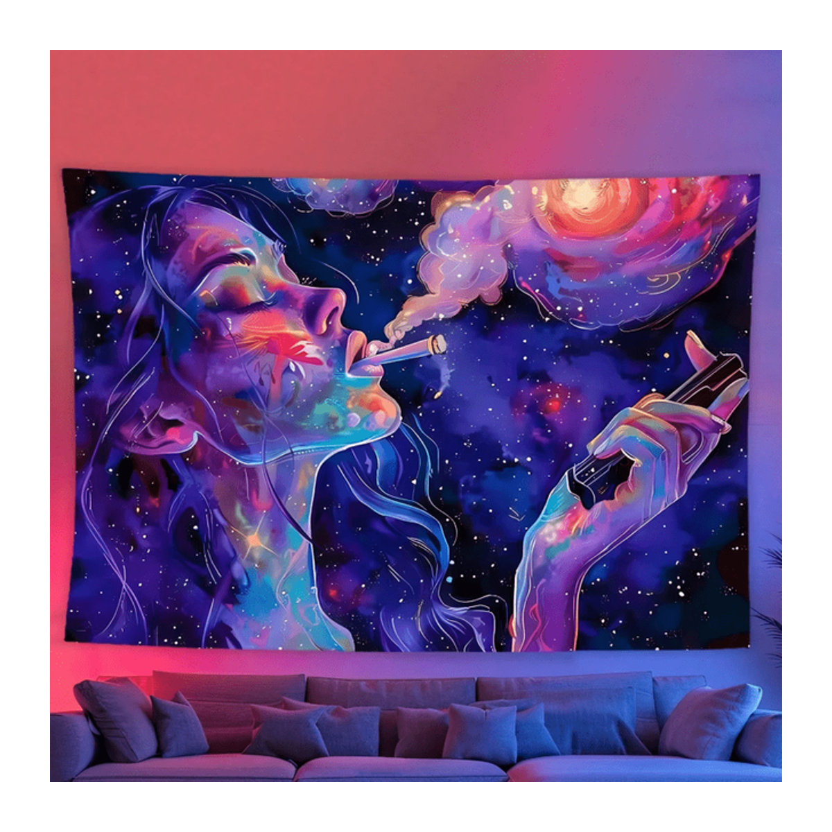 VIKAMA Wandteppich mit psychedelischem Sternenhimmel und Göttin Motiv in Lila, Bohemian Textil-Wanddeko für dein Wohnzimmer - Bild 1