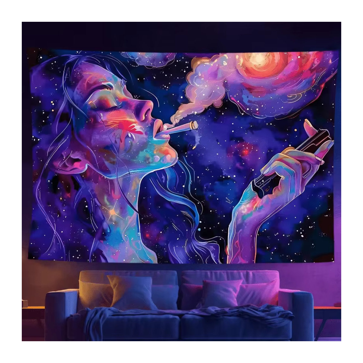 VIKAMA Wandteppich mit psychedelischem Sternenhimmel und Göttin Motiv in Lila, Bohemian Textil-Wanddeko für dein Wohnzimmer - Bild 2