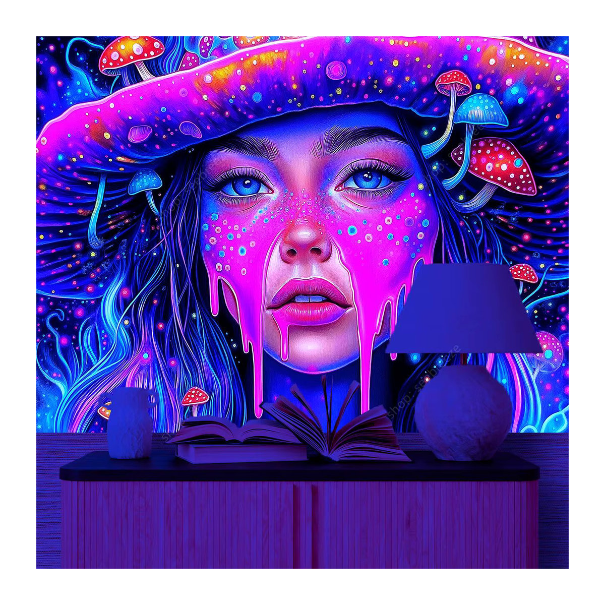 VIKAMA Wandteppich mit psychedelischer Kunst, abstrakter Pilz und Mädchen in Weltraum-Atmosphäre, mehrfarbig, B/H: 90 x 60 cm - Bild 1