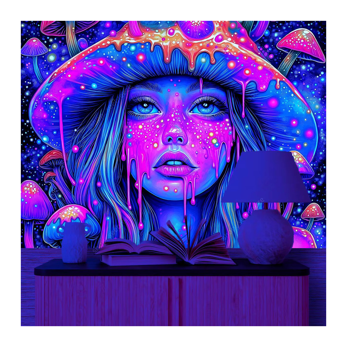 VIKAMA Wandteppich mit psychedelischer Kunst, abstrakter Pilz und Mädchen in Weltraum-Atmosphäre, mehrfarbig, B/H: 90 x 60 cm - Bild 2