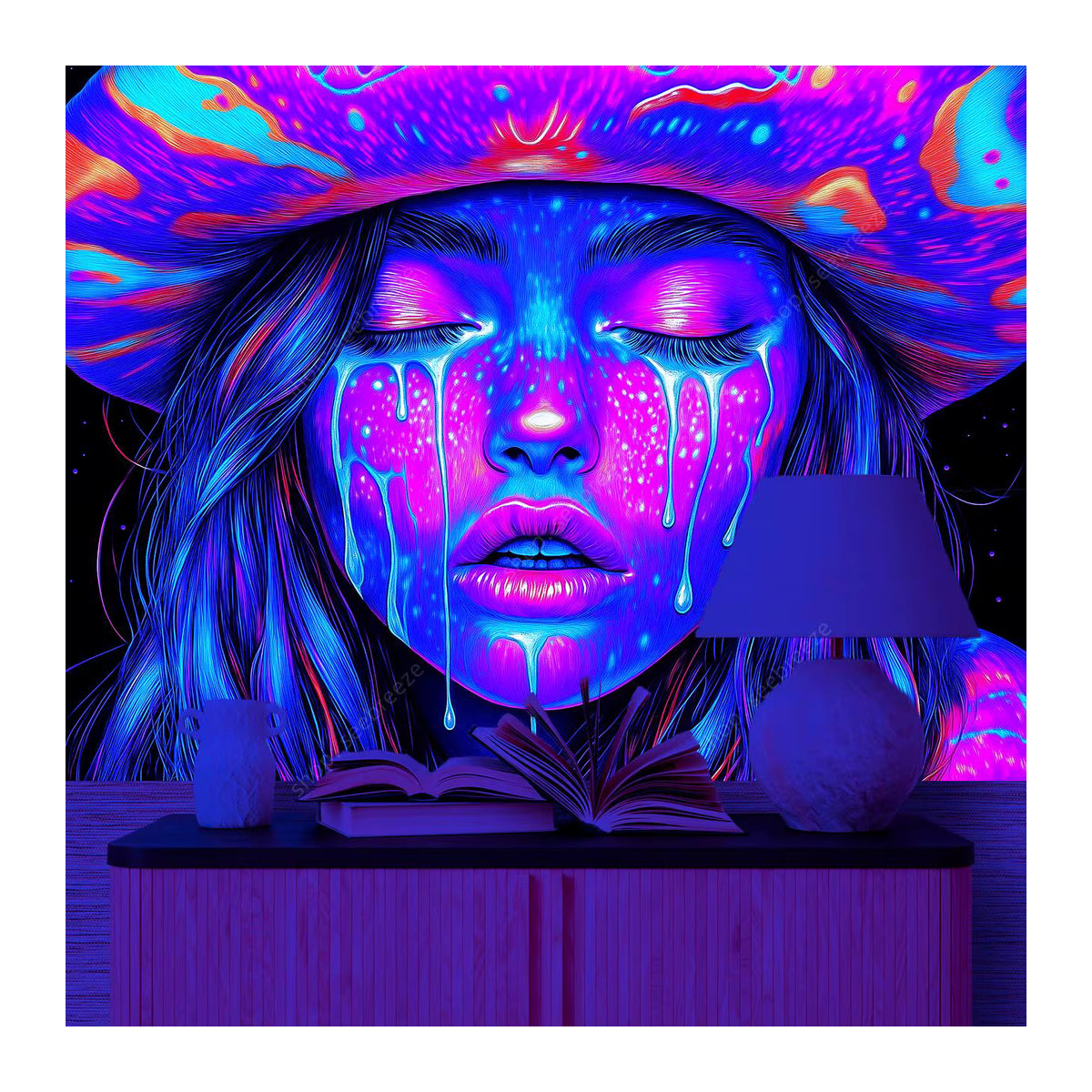 VIKAMA Wandteppich mit psychedelischer Kunst, abstrakter Pilz und Mädchen in Weltraum-Atmosphäre, mehrfarbig, B/H: 90 x 60 cm - Bild 3