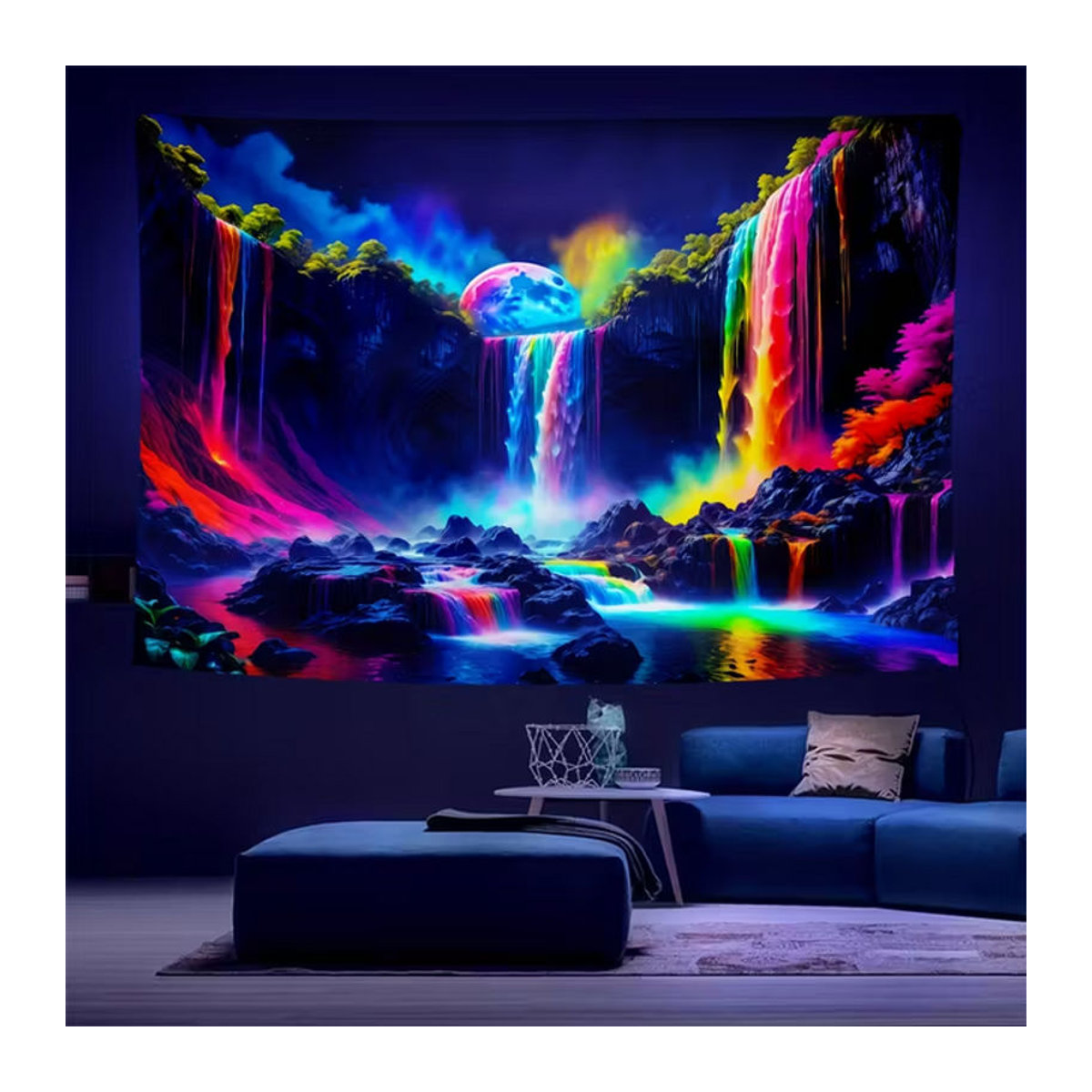 VIKAMA Wandteppich mit Regenbogen-Wasserfall-Motiv in Schwarz und Mehrfarbig, abstrakte Neon-Naturlandschaft als Textil-Wandbehang, B/H: 60 x 40 cm - Bild 1