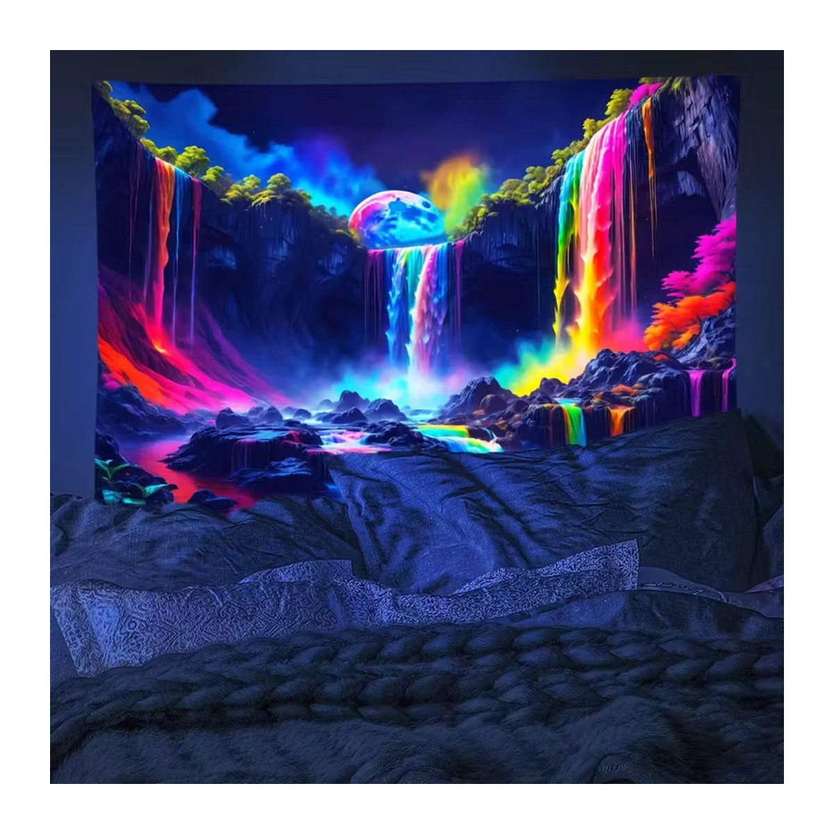 VIKAMA Wandteppich mit Regenbogen-Wasserfall-Motiv in Schwarz und Mehrfarbig, abstrakte Neon-Naturlandschaft als Textil-Wandbehang, B/H: 60 x 40 cm - Bild 2