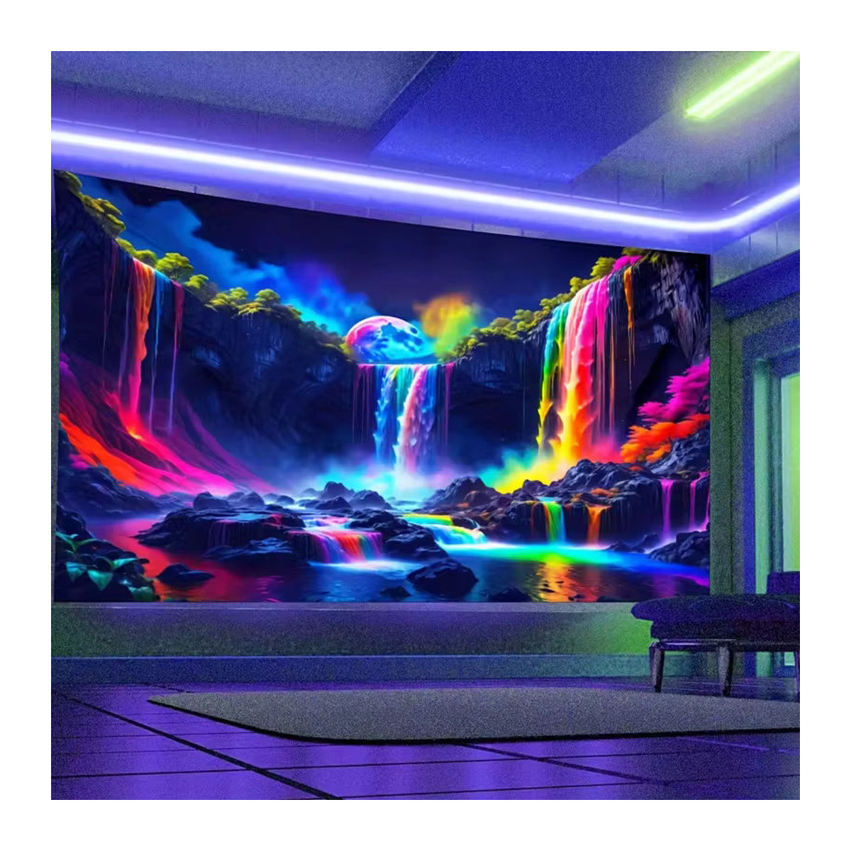 VIKAMA Wandteppich mit Regenbogen-Wasserfall-Motiv in Schwarz und Mehrfarbig, abstrakte Neon-Naturlandschaft als Textil-Wandbehang, B/H: 60 x 40 cm - Bild 3