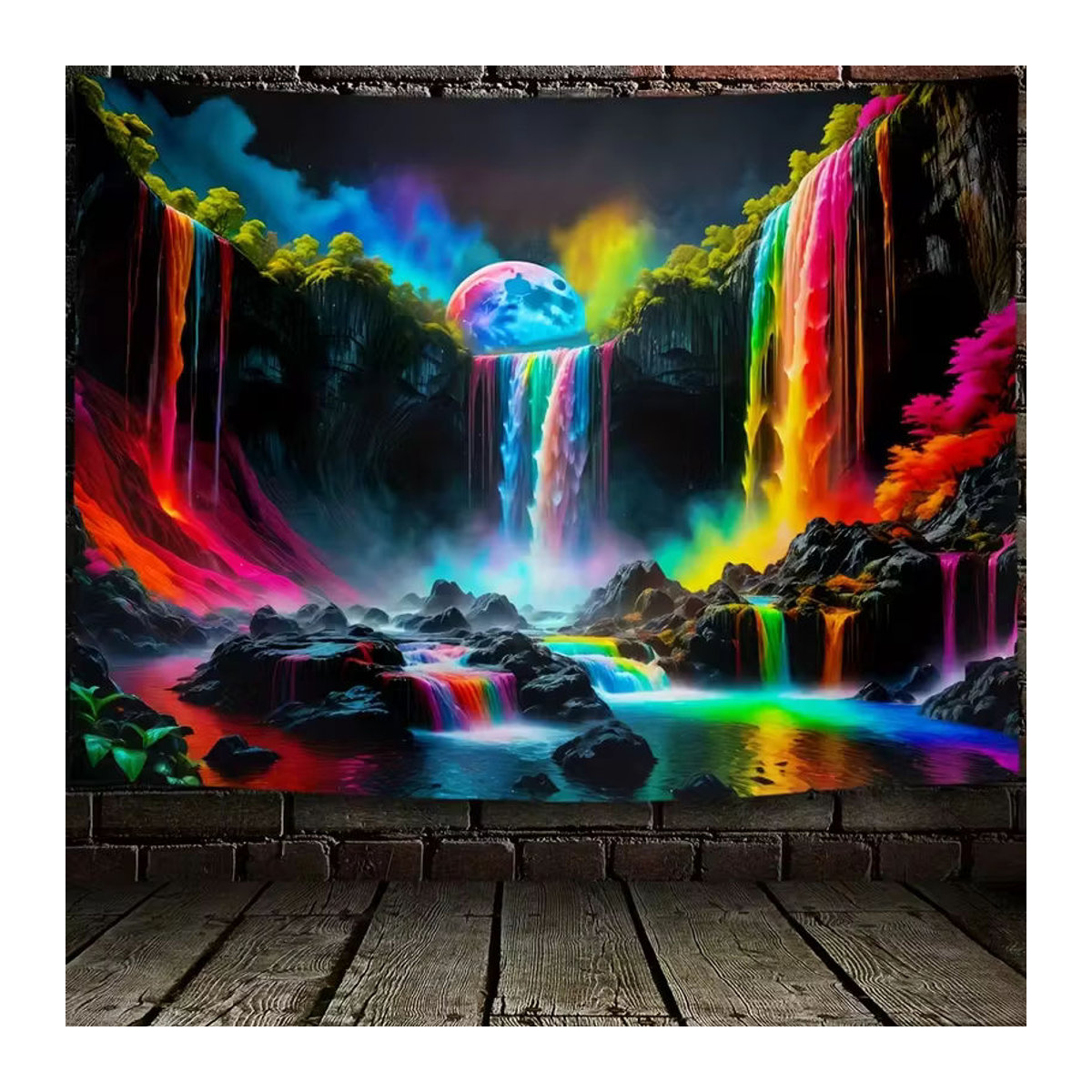 VIKAMA Wandteppich mit Regenbogen-Wasserfall-Motiv in Schwarz und Mehrfarbig, abstrakte Neon-Naturlandschaft als Textil-Wandbehang, B/H: 60 x 40 cm - Bild 4