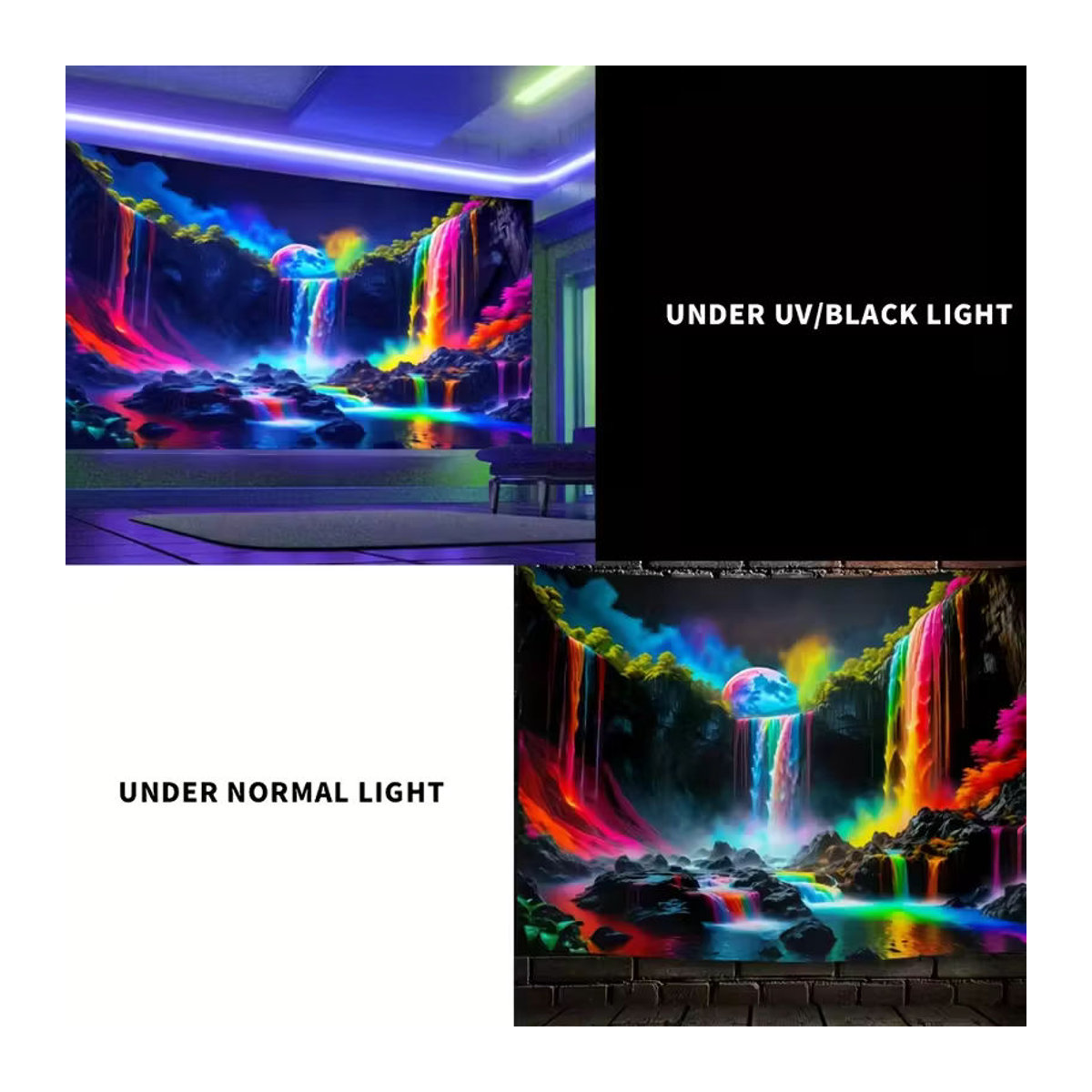 VIKAMA Wandteppich mit Regenbogen-Wasserfall-Motiv in Schwarz und Mehrfarbig, abstrakte Neon-Naturlandschaft als Textil-Wandbehang, B/H: 60 x 40 cm - Bild 5