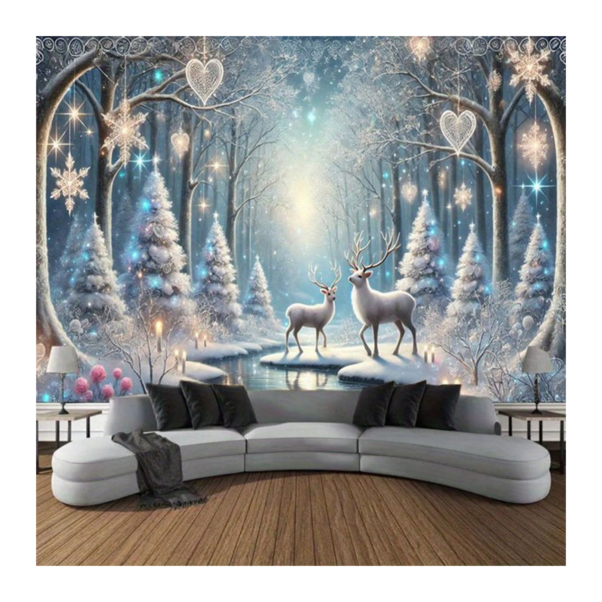 VIKAMA Wandteppich mit Rentier in Schneelandschaft, Skandinavischer Stil, Blau, B/H: 60 x 40 cm - Bild 1