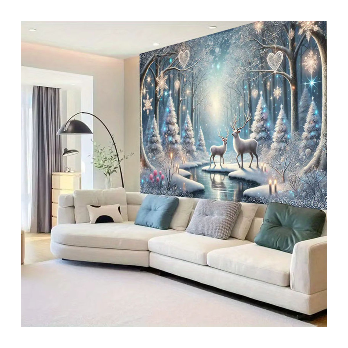 VIKAMA Wandteppich mit Rentier in Schneelandschaft, Skandinavischer Stil, Blau, B/H: 60 x 40 cm - Bild 2
