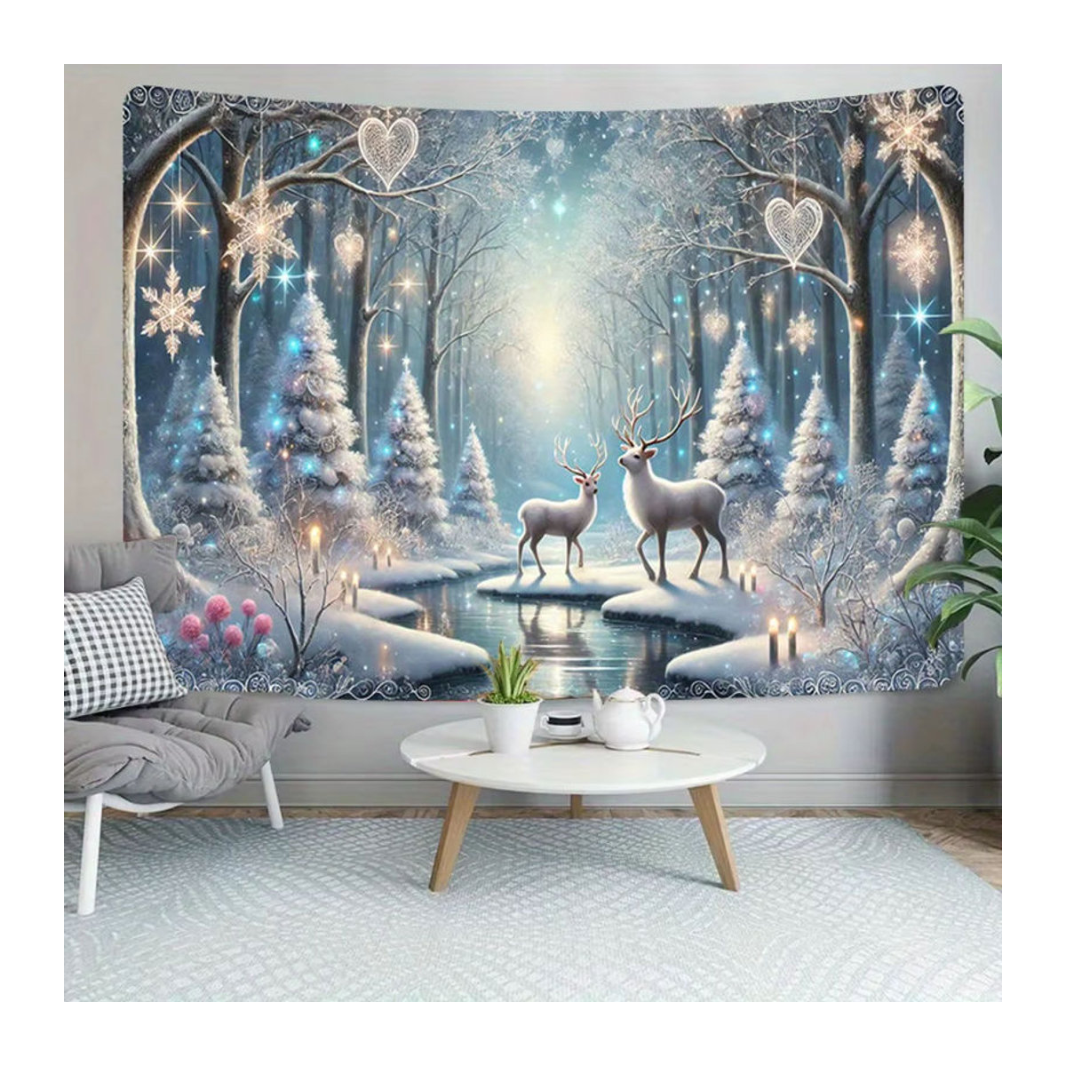 VIKAMA Wandteppich mit Rentier in Schneelandschaft, Skandinavischer Stil, Blau, B/H: 60 x 40 cm - Bild 3