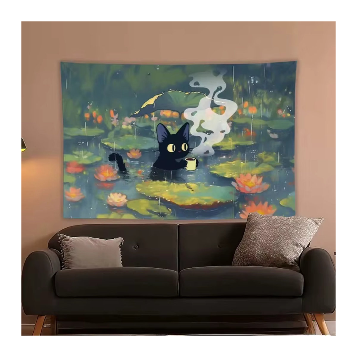 VIKAMA Wandteppich mit schwarzem Katzen-Motiv im Retro-Anime-Stil, mehrfarbig, Textil, B: 60 cm, H: 60 cm - Bild 1