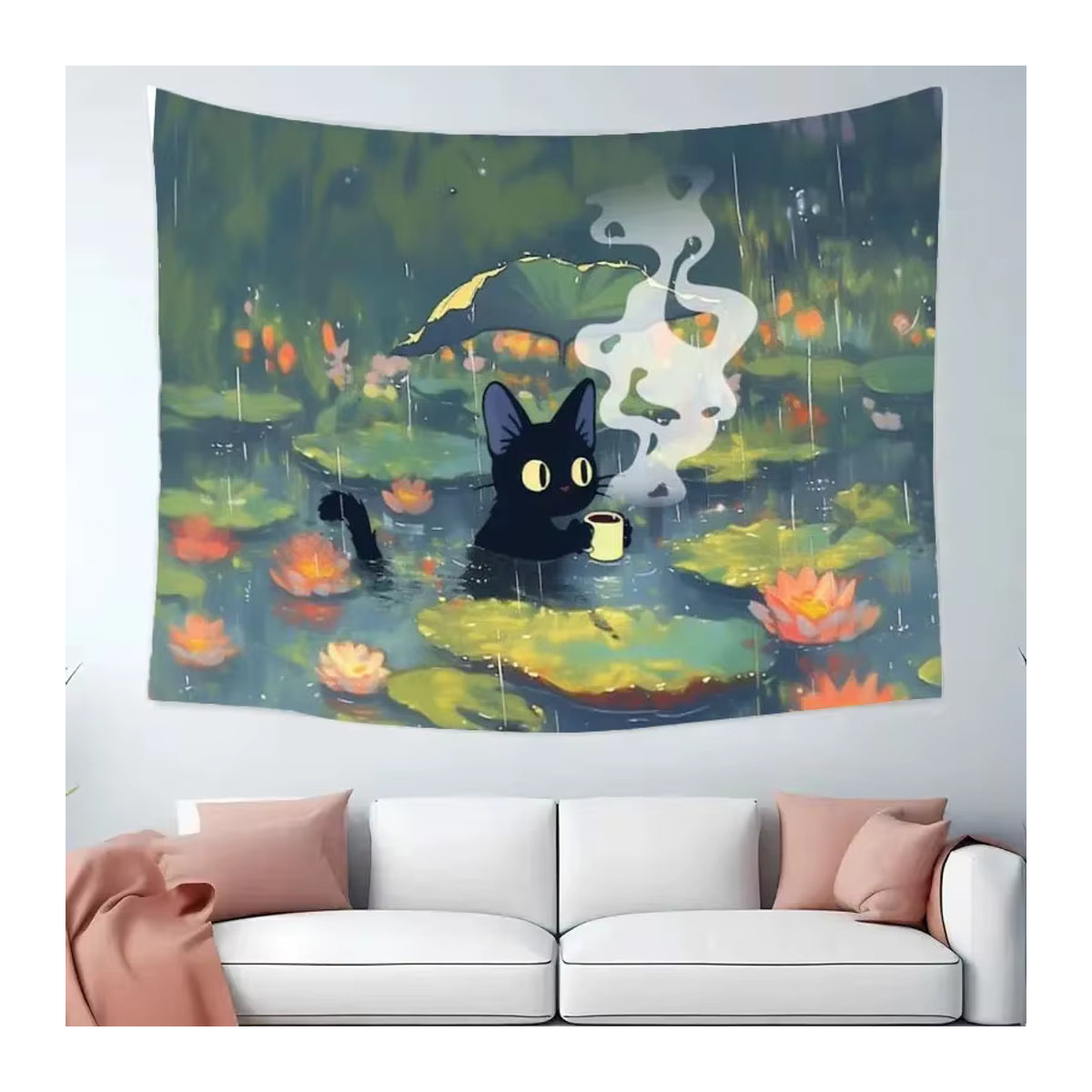 VIKAMA Wandteppich mit schwarzem Katzen-Motiv im Retro-Anime-Stil, mehrfarbig, Textil, B: 60 cm, H: 60 cm - Bild 2