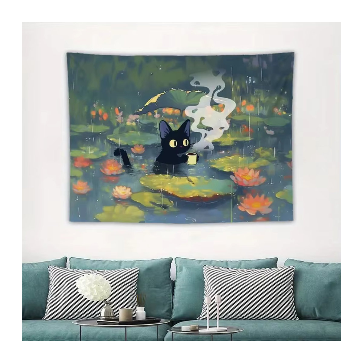 VIKAMA Wandteppich mit schwarzem Katzen-Motiv im Retro-Anime-Stil, mehrfarbig, Textil, B: 60 cm, H: 60 cm - Bild 3