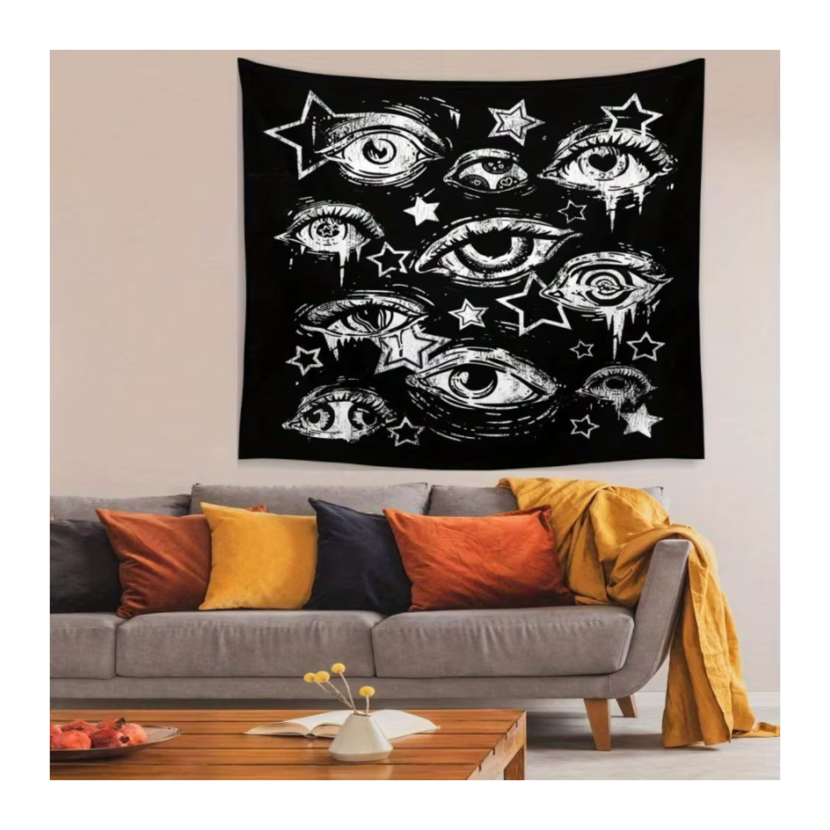 VIKAMA Wandteppich mit Sternenaugen in Schwarz und Weiß, minimalistischer handgezeichneter Textil-Wandteppich für deine Wanddekoration, B/H: 60 x 60 cm - Bild 2