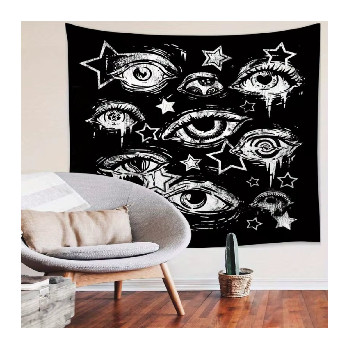 VIKAMA Wandteppich mit Sternenaugen in Schwarz und Weiß, minimalistischer handgezeichneter Textil-Wandteppich für deine Wanddekoration, B/H: 60 x 60 cm - Bild 3