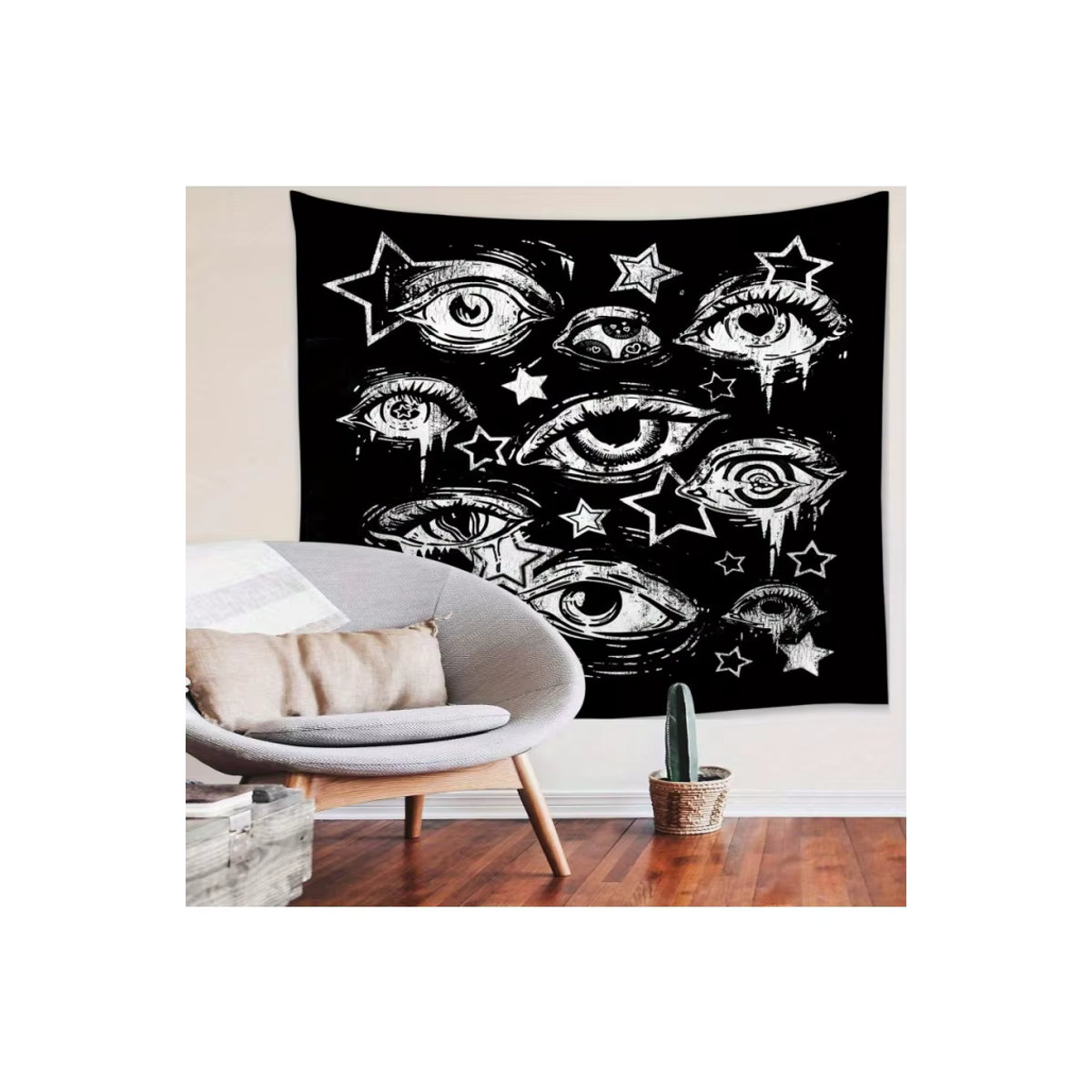 VIKAMA Wandteppich mit Sternenaugen in Schwarz und Weiß, minimalistischer handgezeichneter Textil-Wandteppich für deine Wanddekoration, B/H: 60 x 60 cm - Bild 4